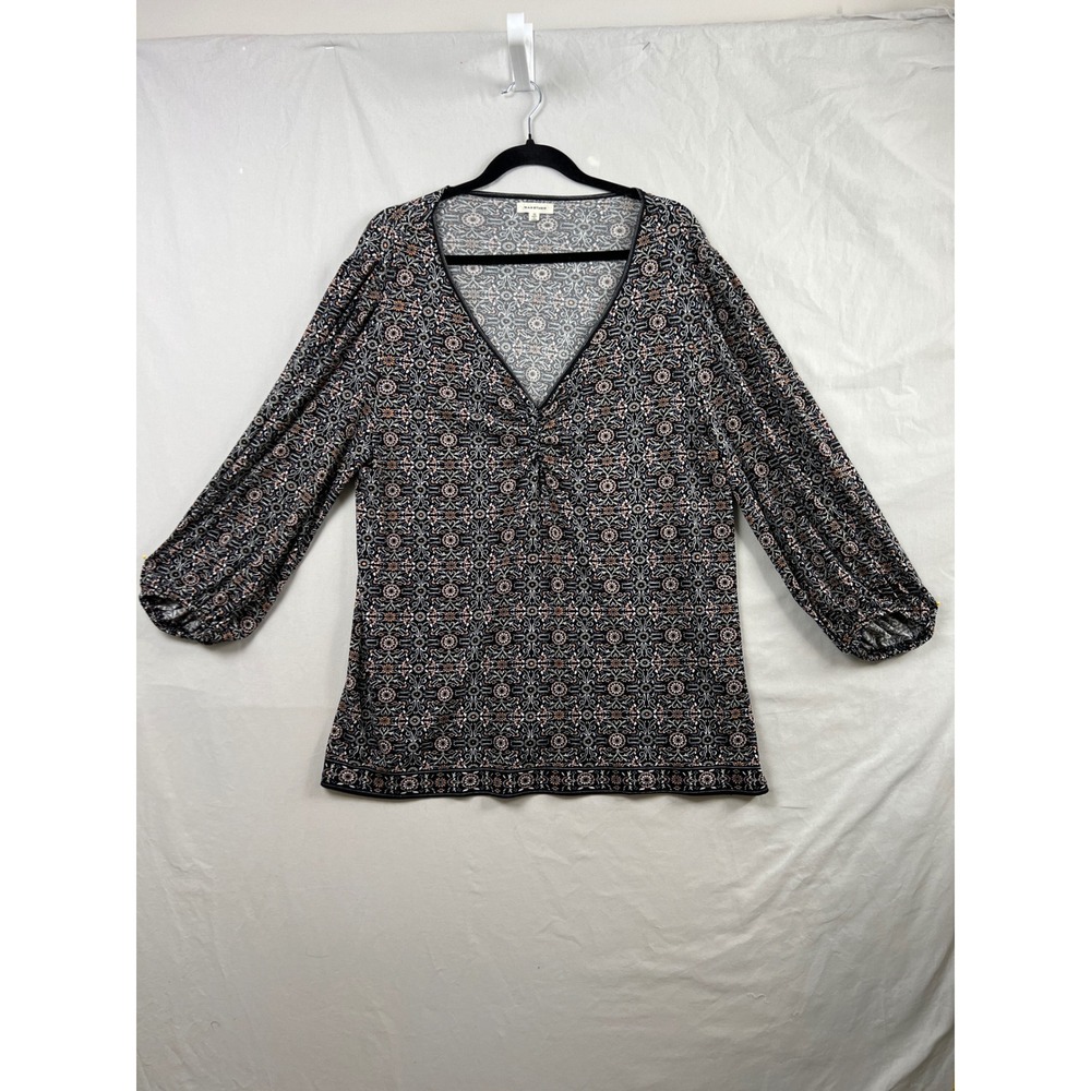 Max Studio Blouse Womens 1X Black Medallion V-Neck 3/4 Puff Sleeve Top